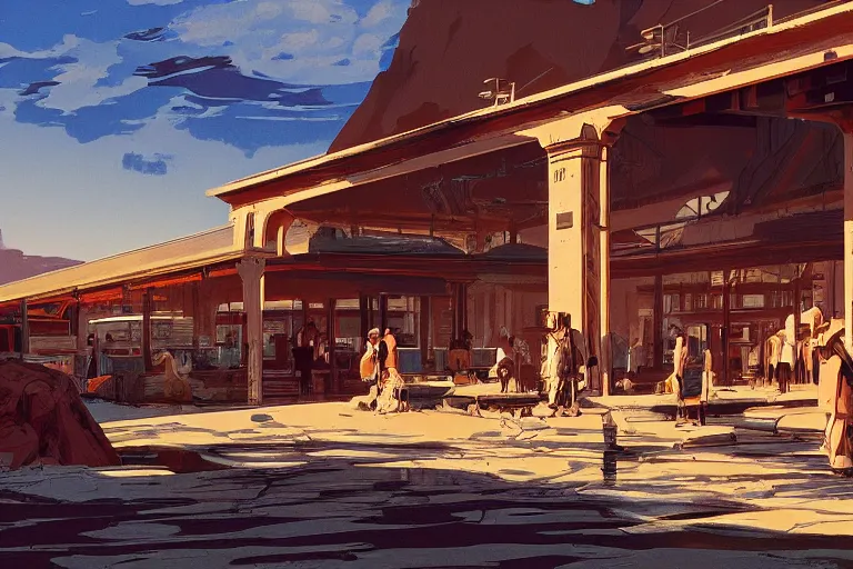 Image similar to idyllic old western train station illustration by syd mead artstation 4 k graphic novel concept art matte painting