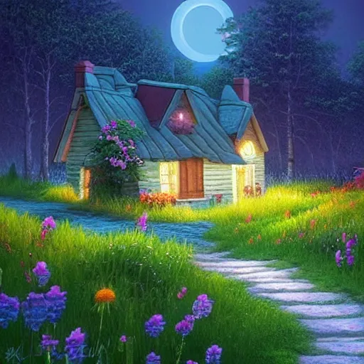 Prompt: beautiful cottage inspired by Evgeny Lushpin,cottages,flower meadow,midnight,full moon,cinematic