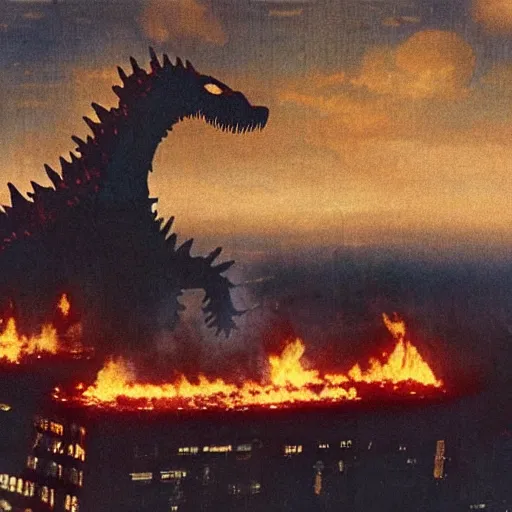 Prompt: godzilla eating a piece of cake. in the background tokyo city on fire