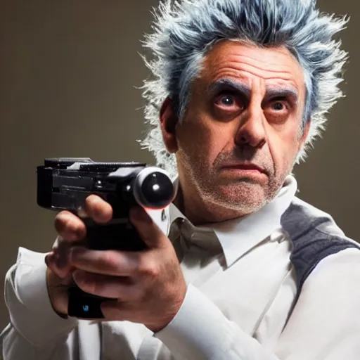 Image similar to Rick Sanchez as a real-life person, studio portrait, real-life-action movie star, holding a portal gun, opening a portal, Rick Sanchez