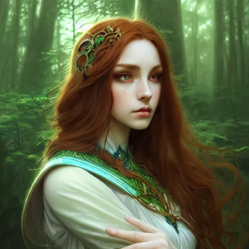 Prompt: wide angle, mage, white green brown blue color palette, focused, forest, female, d & d, fantasy, intricate, elegant, highly detailed, long red hair, digital painting, artstation, octane render, concept art, matte, sharp focus, illustration, hearthstone, art by artgerm, alphonse mucha johannes voss