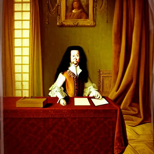 Image similar to Portrait of a mummy sitting at a Louis XIV desk, with very old curtains in the room. The desk has a very old phone on it. Dusty air