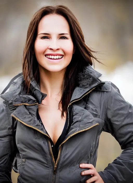 Image similar to a beautiful lara croft from minnesota, brunette, joyfully smiling at the camera opening her brown eyes. thinner face, irish genes, dark chocolate hair colour, wearing university of minneapolis coat, perfect nose, morning hour, plane light, portrait, minneapolis as background. healthy, athletic