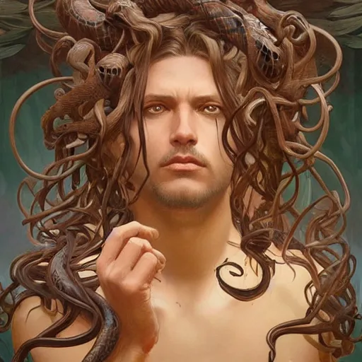 Image similar to male medusa, highly detailed, digital painting, snakes, artstation, concept art, smooth, sharp focus, illustration, art by artgerm and greg rutkowski and alphonse mucha