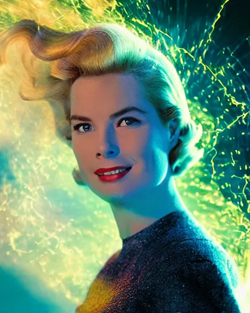 Image similar to Grace Kelly, Starring as Sue Storm in the new Fantastic Four Movie, Projects an iridescent giant force field bubble around her body, Color Movie Still Photograph, Hyper Real, Volumetric Smoke, Sparks, Atmospheric