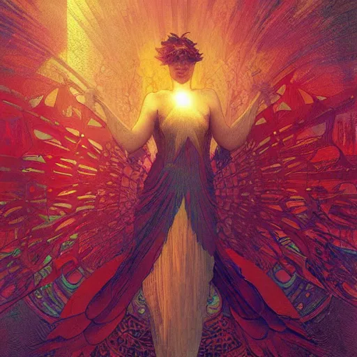 Image similar to the solarpunk phoenix, red bird, regeneration, landscape, volumetric light, bokeh, painting by greg rutkowski by alphonse mucha