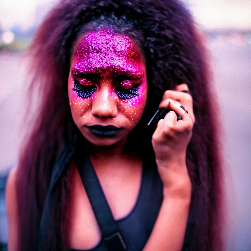 Image similar to Cinestill 50d candid photography of a city on fire, extreme wide shot of a poor techwear mixed woman wearing thick mascara and dark glitter makeup crying outside of a city on fire, tattoos, extreme long shot, full shot, blurry, 4k, 8k, hd, full color