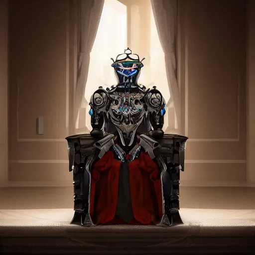 Prompt: Majestic picture of a humanoid robot wearing a kings robe, sitting on a throne, artstation