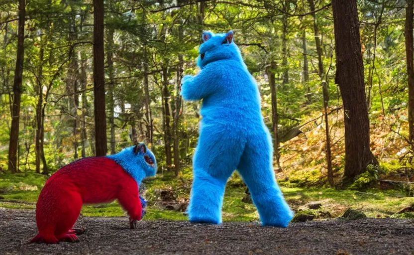 Prompt: photo of a person in a colorful fursuit, stalking a squirrel, national geographic photo