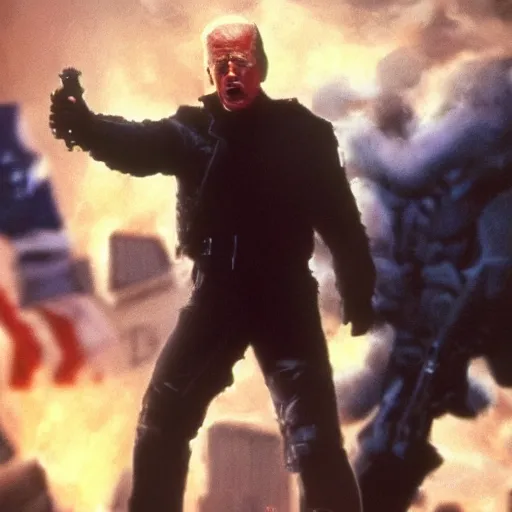 Image similar to joe biden in the terminator executing donald trump, cinematic, establishing shot, extremly high detail, photorealistic, cinematic lighting, style by James Gurney