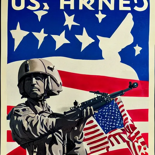 Prompt: US Military Propaganda poster, US Flag, American Tank, US Army Soldier