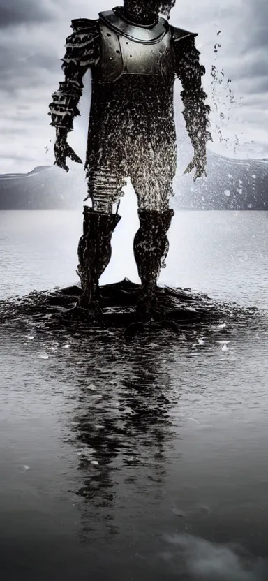 Image similar to suit of armor made of liquid, rising up from lake, water armor, norway fjord, medium close up portrait, water armor, studio lighting, stormy seas, beautiful, bokeh, snowy, storm clouds, god rays, d & d, fantasy, elegant, low key color palette, concept art, roger deakins and greg rutkowski and alphonse mucha