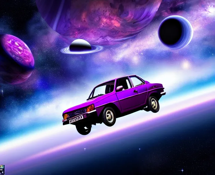 Image similar to purple lada 2 1 0 9 in space in orbit of the planet earth, lada 2 1 0 9 looks like a spaceship, hyper detailed, hight detailed, futuristic, ultra realistic, no blur, 8 k