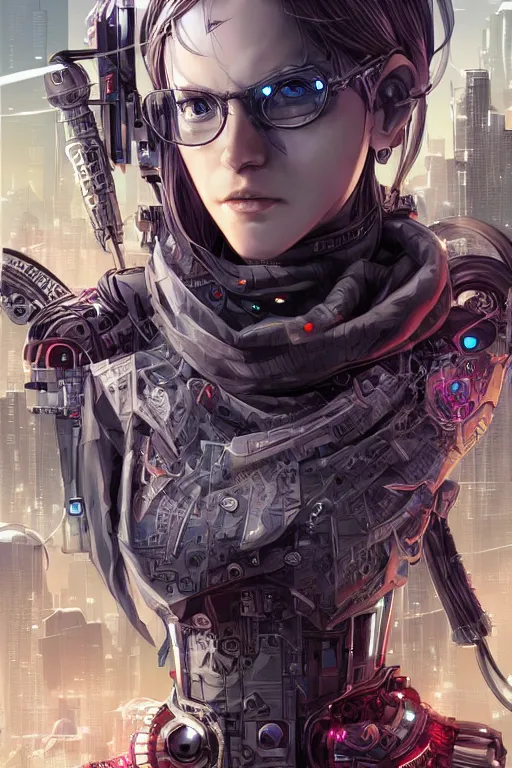 Image similar to Portrait of a cyberpunk cyborg , D&D, sci fi fantasy, intricate, richly detailed colored , art by Range Murata and Artgerm highly detailed, digital painting, trending on artstation, sharp focus, illustration, style of Stanley Artgerm,