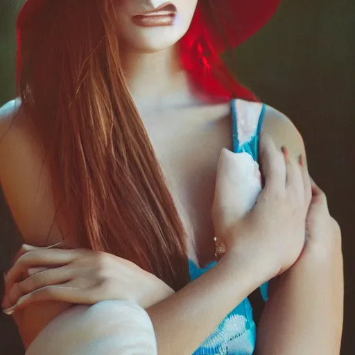 Image similar to beauty photographic portrait of half - length portrait of stunning girl in a red hat and black dress, kodak portra 4 0 0, 8 k, soft light, volumetric lighting, highly detailed,,