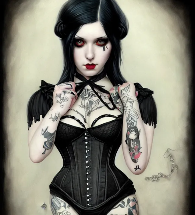 Image similar to two beautiful pale skin white eyed cosplay girls, black hair, fully tattooed body, fishnet corset with choker and whip on hand, symmetrical, beautiful detailed face, masterpiece, artstation contest winner, trending artgerm, paint by tom bagshaw