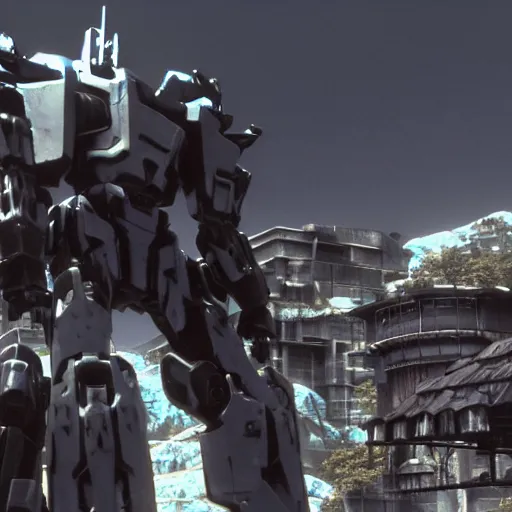 Image similar to cinematic still from ps 5 armoredcore 6 and westworld, close shot of slim ornate armored core by fujioka kenki and by mamoru nagano,