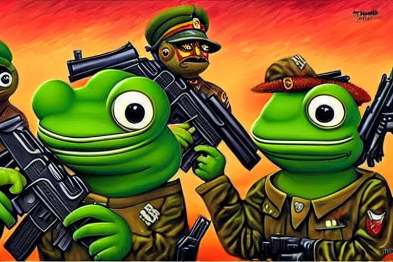 Image similar to portrait of sad pepe the frog and josef stalin with guns fighting a drug cartel, an oil painting by ross tran and thomas kincade