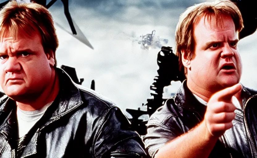 Prompt: VFX film James Cameron's The Terminator starring Chris Farley