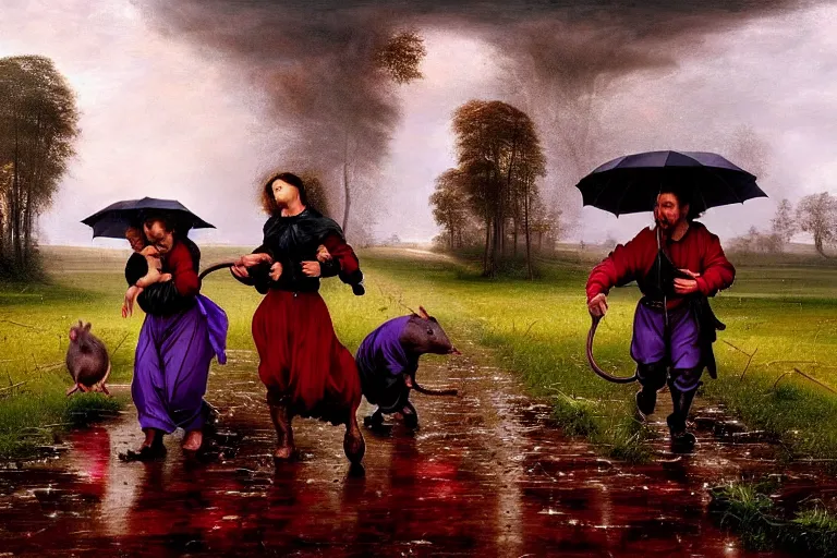 Prompt: a family of rats scurrying across a drenched field in a torrential rainstorm, in the style of jacek yerks, intricate and epic composition, red by caravaggio, insanely quality, highly detailed, masterpiece, purple light, artstation, 4 k