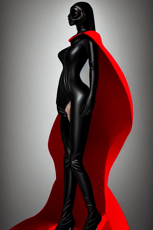 Image similar to detailed beautiful noun in opened black gold red coat, seductive confident pose, attractive feminine curves, intricate details, futuristic, alien, elegant cape, elegant, photorealism, trending on artstation, holy halo, advanced technology, art by moebius and vitaly bulgarov and chanthara