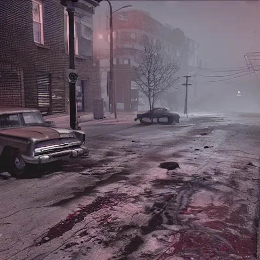 Prompt: mayberry rfd, main street with Andy Griffith, in silent hill style horror zombies death unreal engine