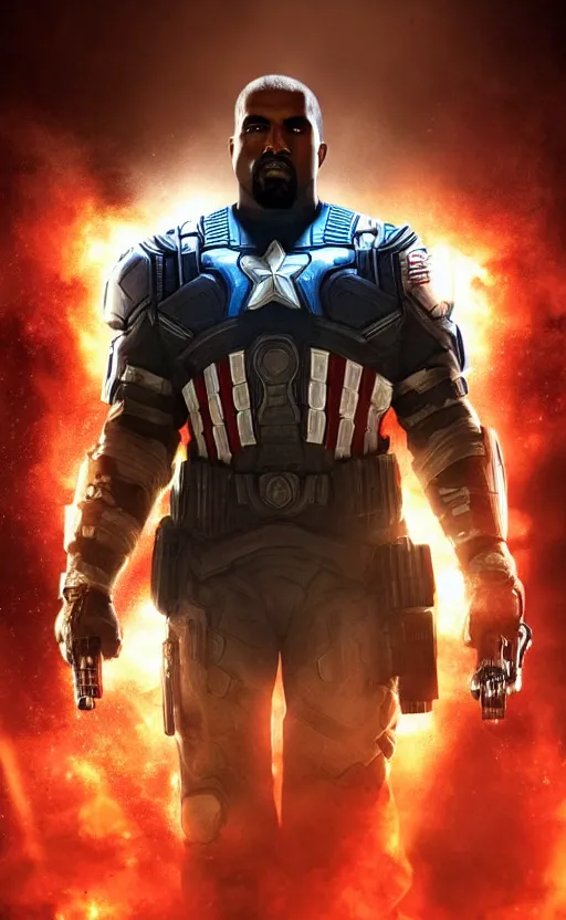 Image similar to Portrait of Kanye West as captain america in Gears of War, splash art, movie still, cinematic lighting, dramatic, octane render, long lens, shallow depth of field, bokeh, anamorphic lens flare, 8k, hyper detailed, 35mm film grain