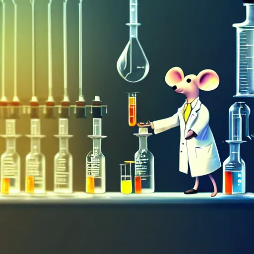 Image similar to mouse in a lab coat performing a chemistry experiment, in a cluttered lab, lots of beakers, illustration, cyberpunk, sci - fi fantasy, intricate, elegant, highly detailed, digital painting, artstation, concept art