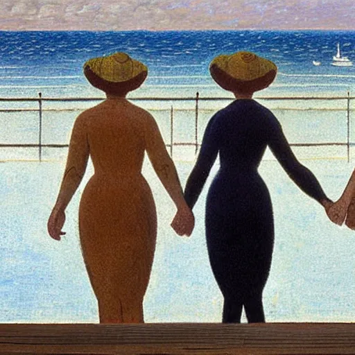 Prompt: two women!!! holding hands! on a pier! next to the ocean!! looking at the camera! by grant wood!-H 768