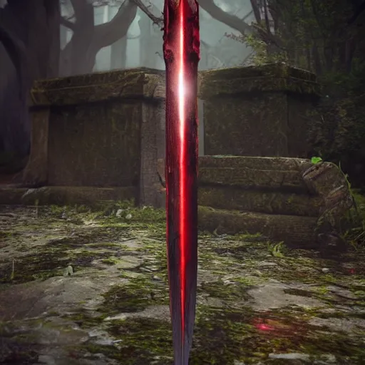 Image similar to vampire holding powerful blood sword after a battle foggy rainy realistic award winning, trending on artstation, unreal engine