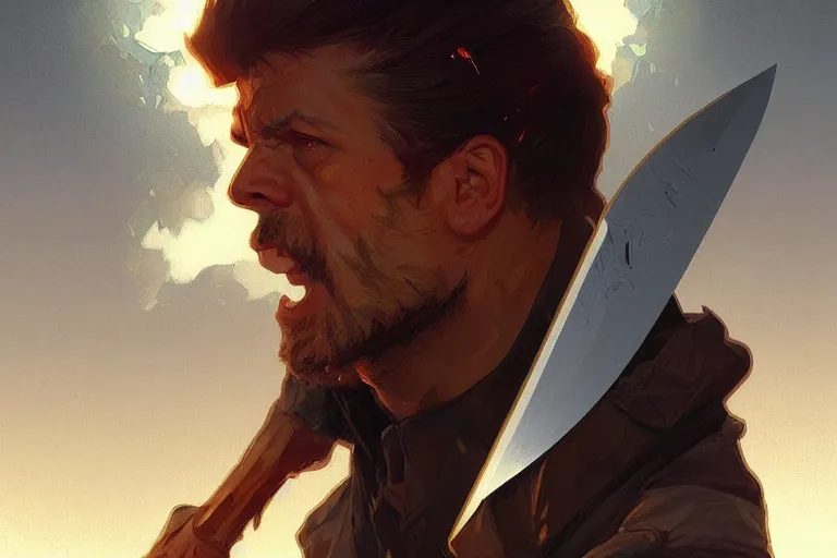 Image similar to a man fights an explosion with a knife, portrait, highly detailed, digital painting, artstation, concept art, smooth, sharp focus, illustration, cinematic lighting, art by artgerm and greg rutkowski and alphonse mucha