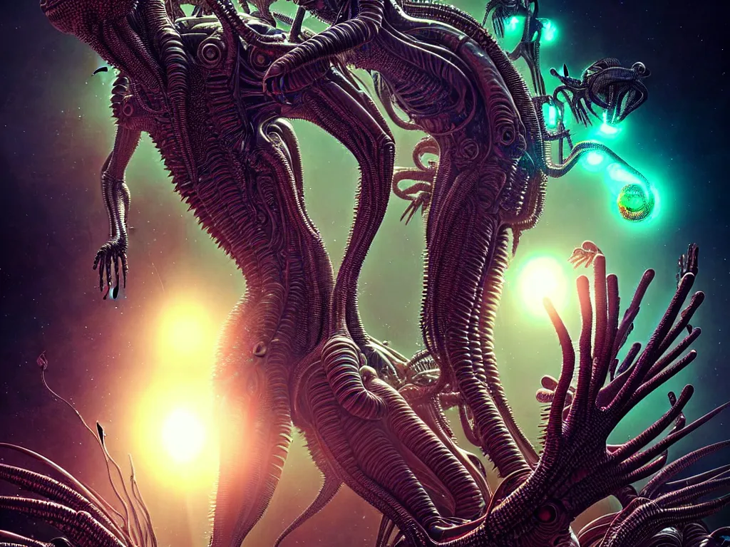 Image similar to highly detailed photo of alien humans, trending on deviantart, neo surrealism, sharp focus, a lot of little details, lens flare, epic render, magical composition, deep color scheme, ornate, intricate, octane, masterpiece, art by ernst haeckel and android jones