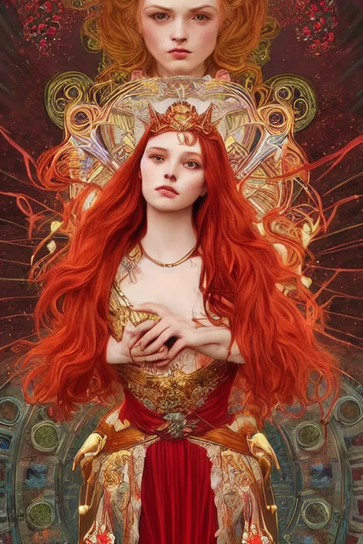 Image similar to a full body tarot card of the red haired tjocc empress of eternity, space, universe, portrait, highly detailed, deep focus, elegant, digital painting, smooth, sharp focus, illustration, ultra realistic, 8 k, art by artgerm and alphonse mucha