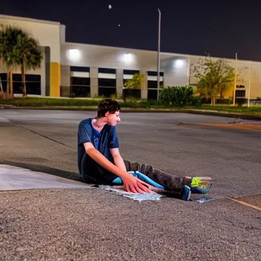 Image similar to young lanky Florida warehouse worker laying on the ground in the middle of a parking lot outside a logistics building, he is exhausted from work and staring into the night sky, realisitc photo, cinematic f/1.8 lens