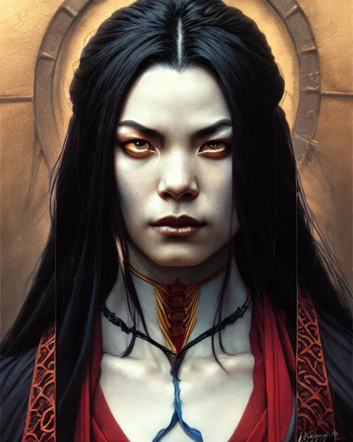 Prompt: azula from avatar the last airbender, character portrait, portrait, close up, concept art, intricate details, highly detailed by greg rutkowski, michael whelan and gustave dore