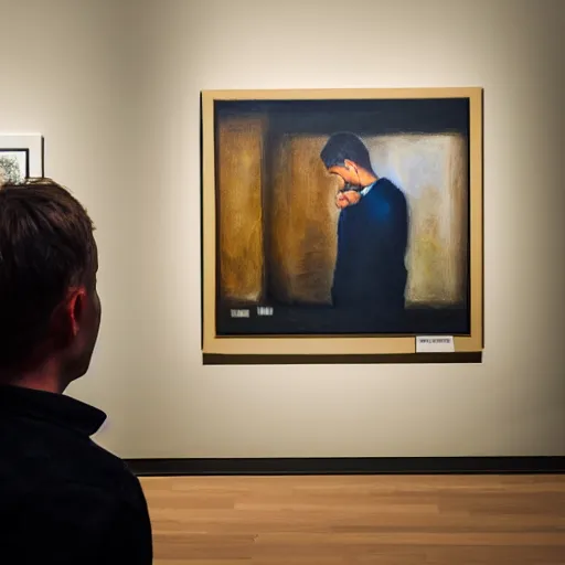Image similar to A man staring at a painting of himself staring back. Modern art gallery. Wide angle. Photorealistic. Dramatic lighting. Award winning photography. 35mm photograph.