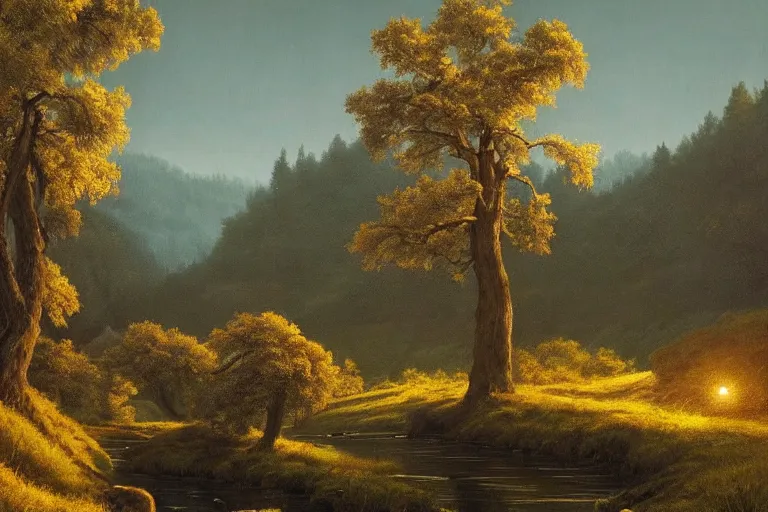 Image similar to masterpiece painting of oak trees on a hillside overlooking a creek, dramatic lighting, by simon stalenhag