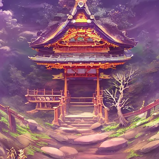 Prompt: a beautiful painting of detailed japanese treehouse shrine, breath of the wild, hyrule, inspired by cyril rolando, david wiesner, ornate, intricate, emitting light ornaments, volumetric lighting, cgsociety, alizarin red, brick red