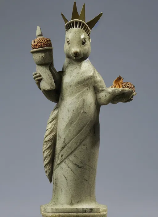 Image similar to A marble statue of a squirrel holding an acorn in the style of Statue of Liberty. museum photo