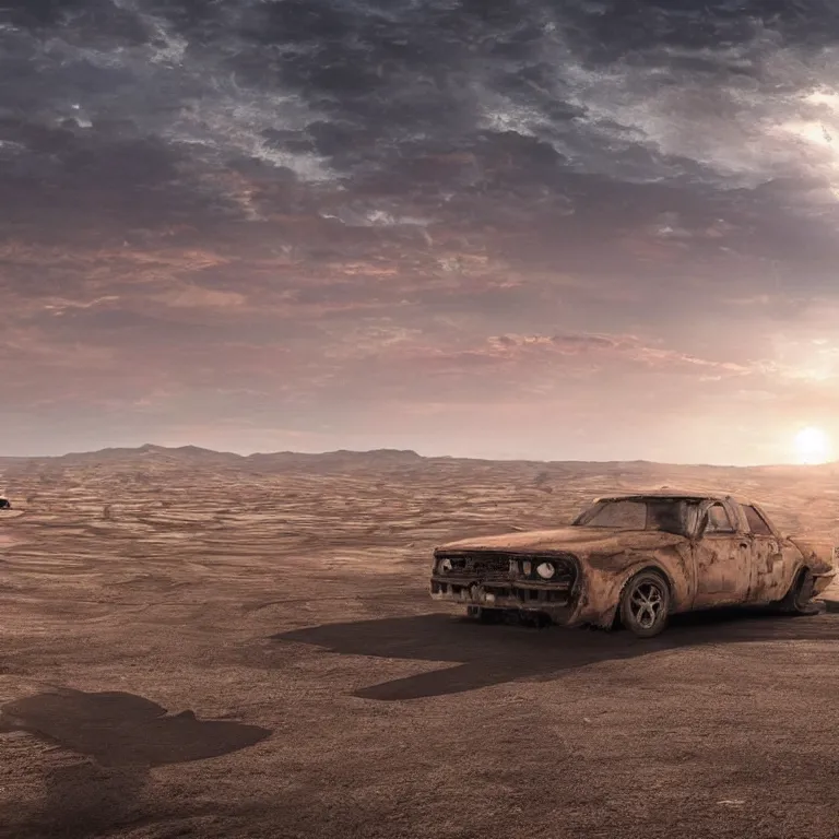 Image similar to A car drifting across a vast desert under an unrelenting sun. award winning. superb resolution. Detailed post-apocalyptic wasteland in background. Hyper realistic. Perfect art.