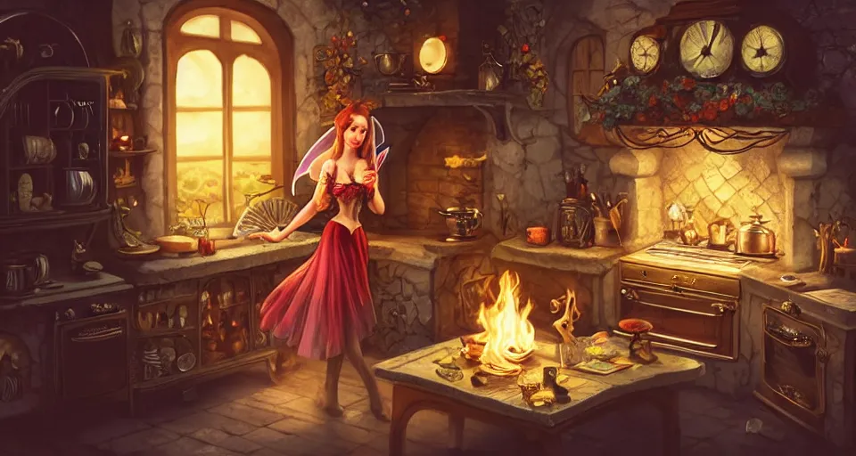 Prompt: a close - up of a fairy in a vintage magical kitchen, with a fireplace in the background d & d, fantasy, intricate, elegant, sticker illustration, artstation, concept art, smooth, sharp focus