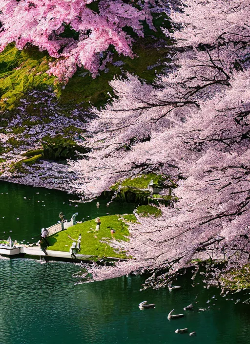 Image similar to The Emerald Herald beside a lake with sparkling water and cherry blossom trees, hidari, color page, tankoban, 4K, tone mapping, Akihiko Yoshida