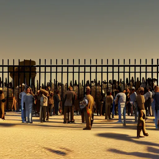 Prompt: a crowd in front of a | government security facility military gate | in the hot desert trending on artstation digital paint 4 k render