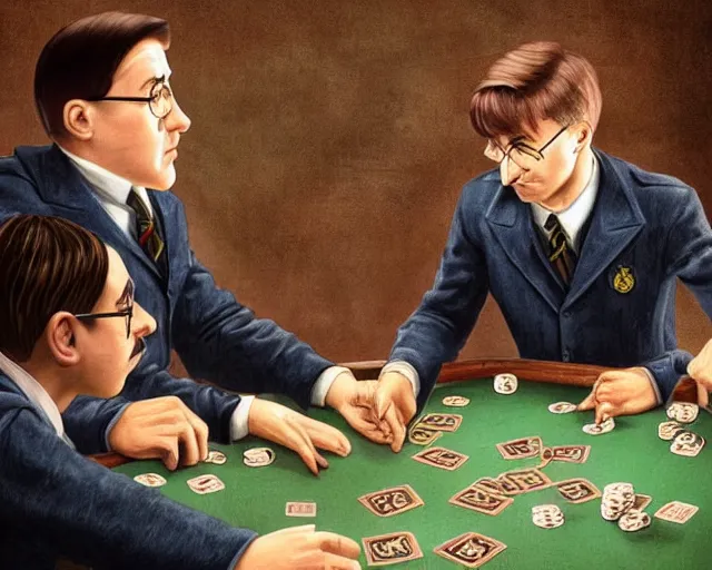 Prompt: daniel raddclife as harry potter and adolf hitler playing poker together, highly detailed, sharp focus, 8 k