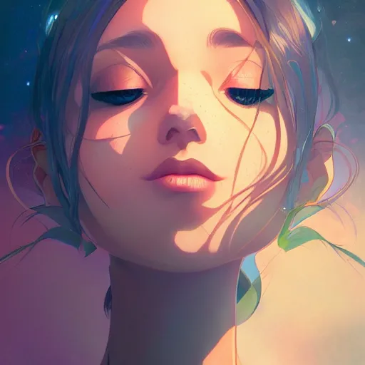 Image similar to gazing into the gorgeous face of infinity, eyes closed, ambient lighting, 4 k, lois van baarle, ilya kuvshinov, rossdraws, alphonse mucha, jung gi kim, artstation