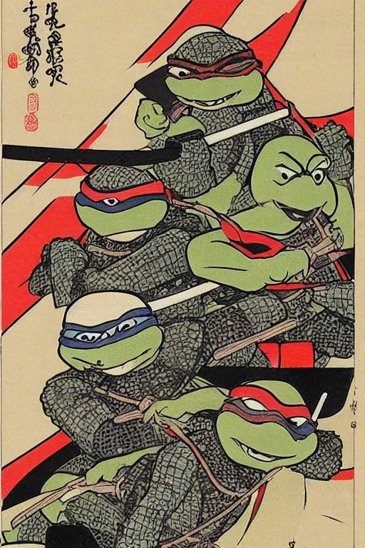 Prompt: Teenage Mutant Ninja Turtles in Japanese ukiyo-e ukiyo-ye woodblock print by Moronobu