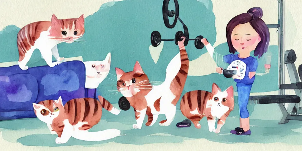 Image similar to watercolor illustration style, cute cat coach training other cats in the fitness studio