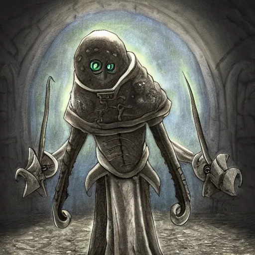 Prompt: squidward as a dark souls boss by Sean murray