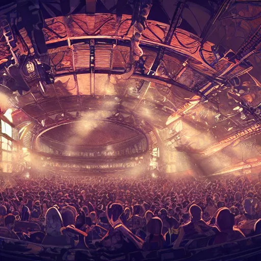 Prompt: a virtual reality concert venue with amazing atmosphere. highly detailed. trending on artstation.