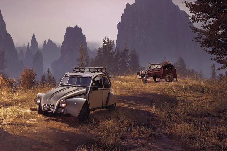 Image similar to offroad citroen 2 cv ( 1 9 6 5 ) driving across the rift, daedric longsword stored on the side of the car, leather and cloth traveller backpacks on roof, riften city in the background, epic fantasy, autumn, the elder scrolls v : skyrim, dramatic lighting, establishing shot, by simon stalenhag